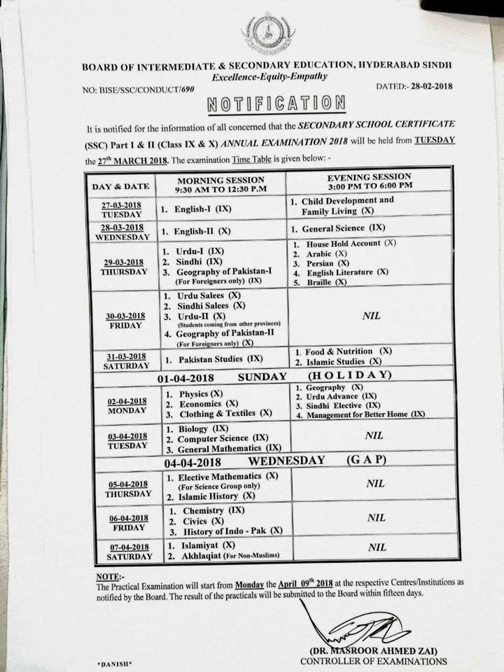 BISE Hyderabad Sindh Date Sheet for SSC Annual Examination 2018