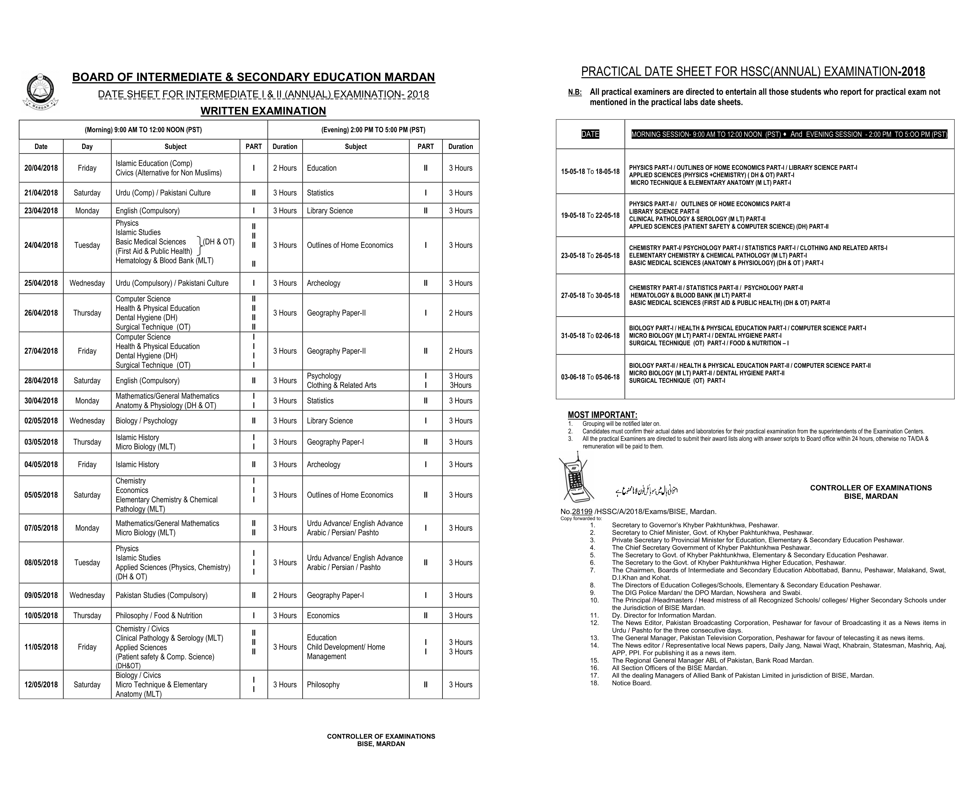 Date Sheet for Board of Intermediate & Secondary Education Mardan HSSC Part I & II