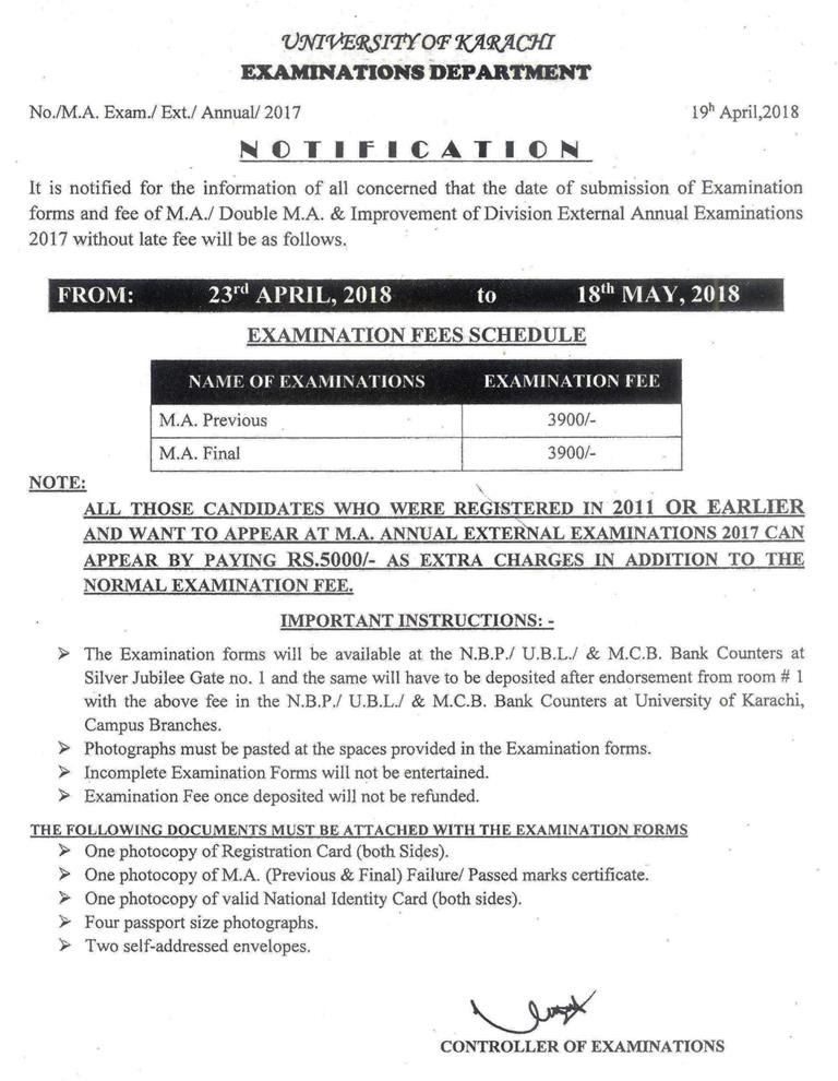 University of Karachi MA/Double MA & Improvement Examination Form Submission