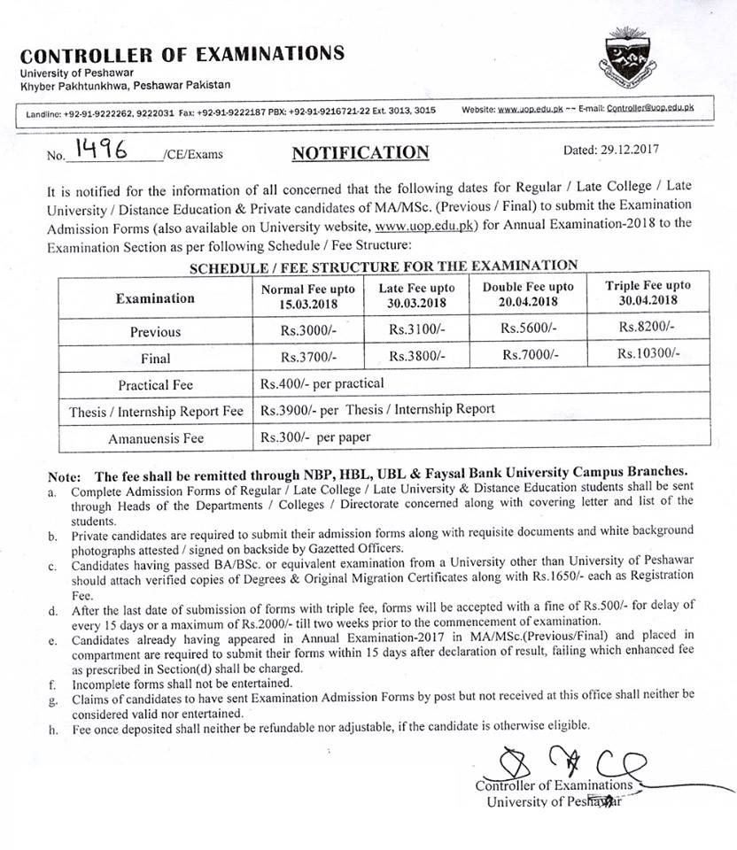 University Of Peshawar Admissions Notice of MA/MSc. (Previous/ Final) for the Annual Examination 2018