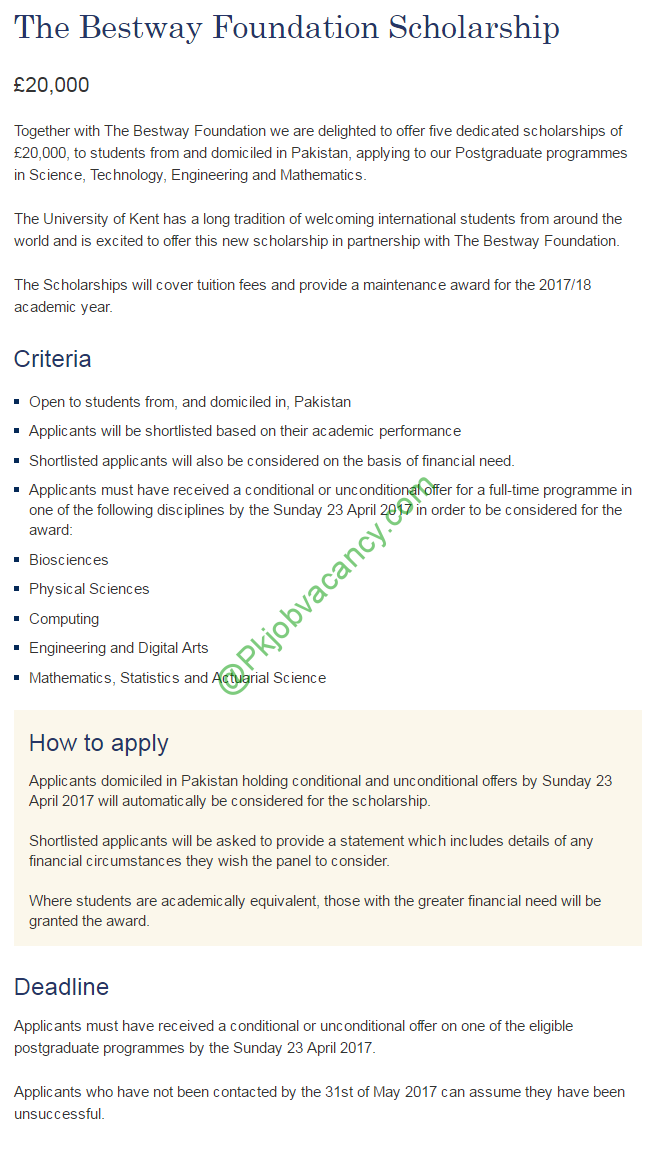 Bestway Foundation Scholarships For Pakistani Students At University Of Kent In Uk