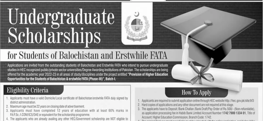 HEC Undergraduate Scholarships for Balochistan and Erstwhile FATA