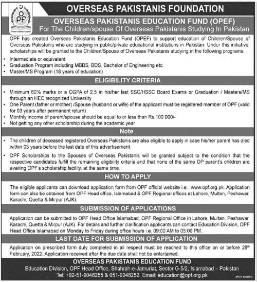 Opf Overseas Pakistanis Education Fund Opef Scholarship