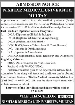 admission announcement of Nishtar Medical College / Nishter Hospital