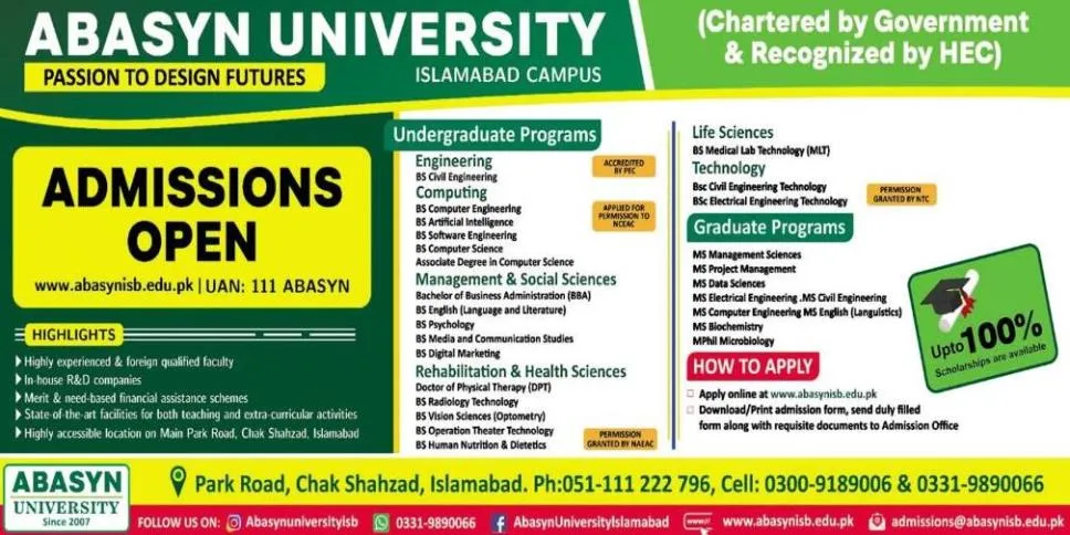 admission announcement of Abasyn University (sub Campus)