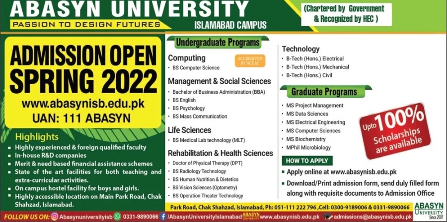admission announcement of Abasyn University (sub Campus)