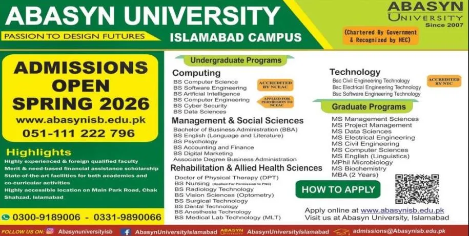 admission announcement of Abasyn University (sub Campus)