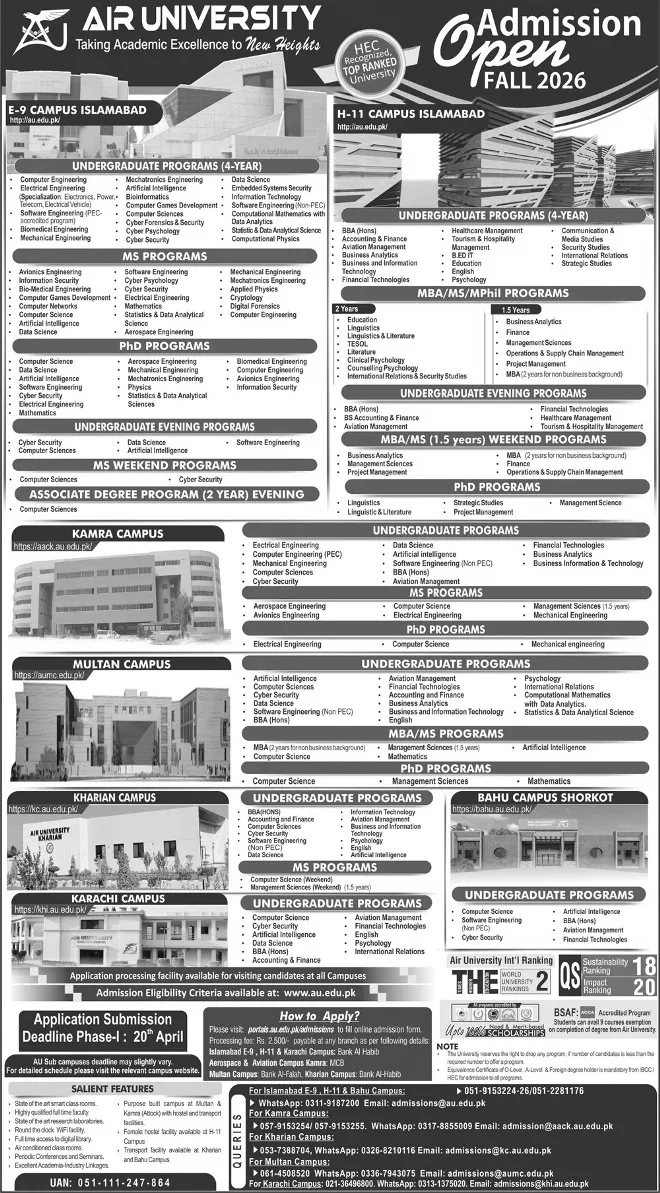 admission announcement of Air University, H-11 Campus
