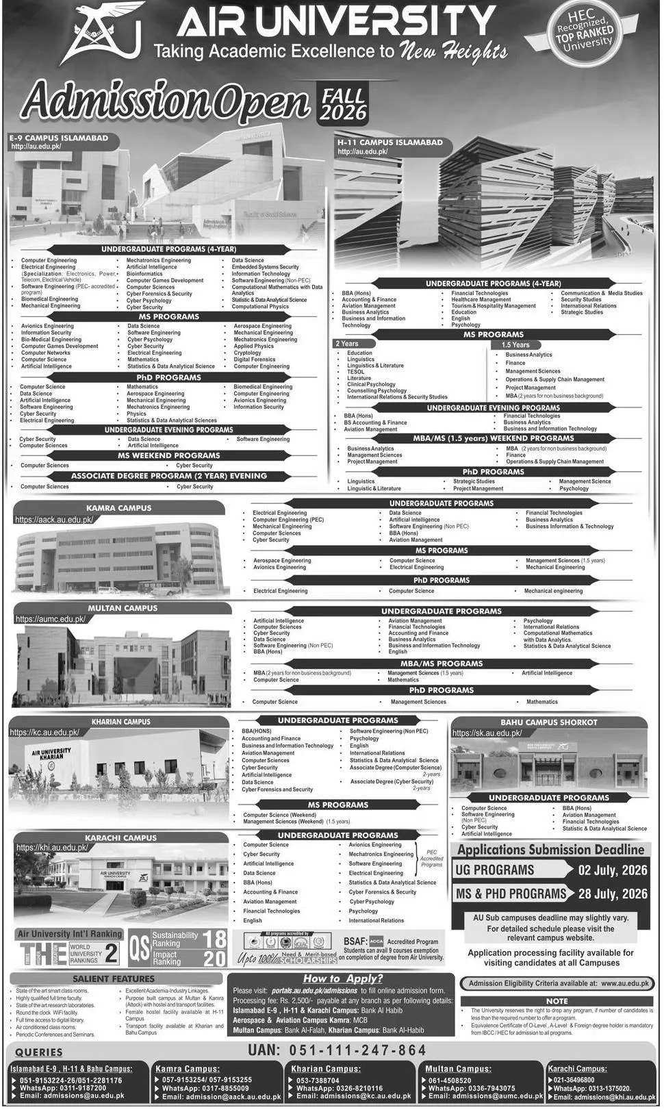 admission announcement of Air University, Multan Campus