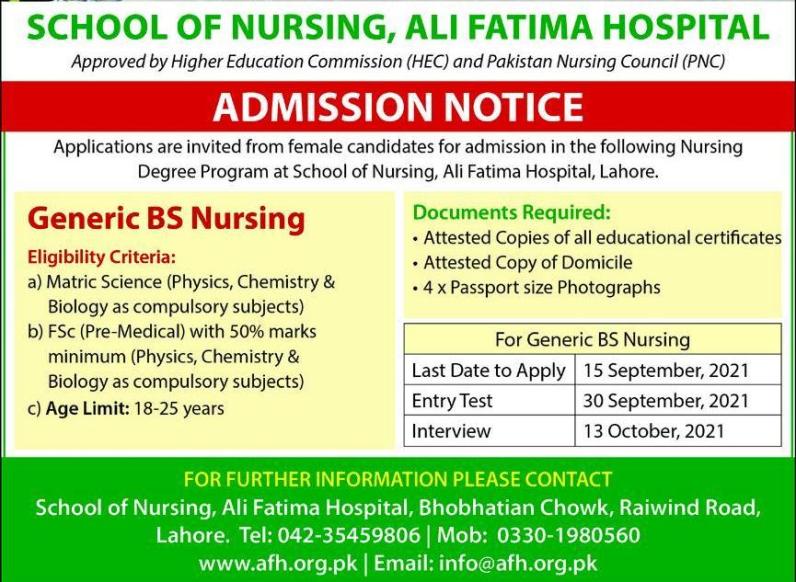 admission announcement of School Of Nursing, Ali Fatima Hospital