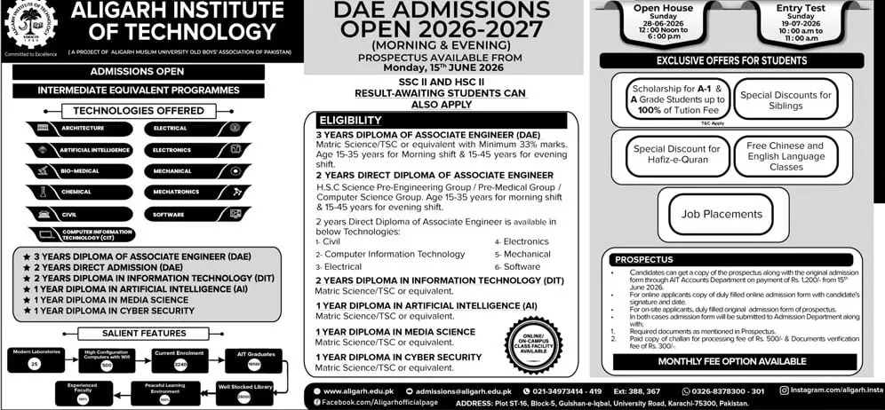admission announcement of Aligarh Institute Of Technology