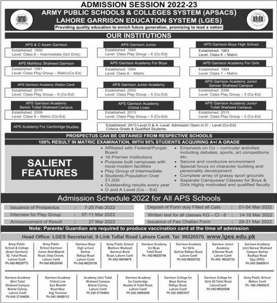 admission announcement of Army Public School And College For Girls