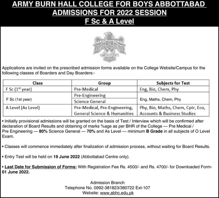 admission announcement of Army Burn Hall College For Boys