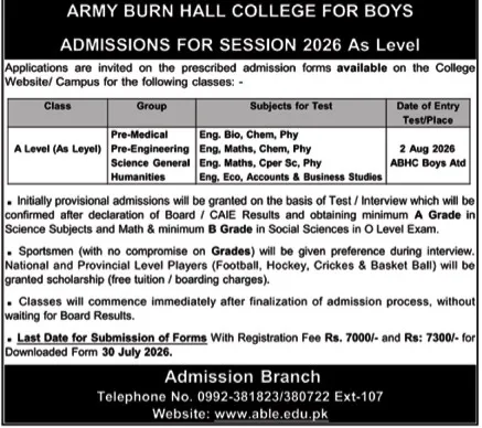 admission announcement of Army Burn Hall College For Boys