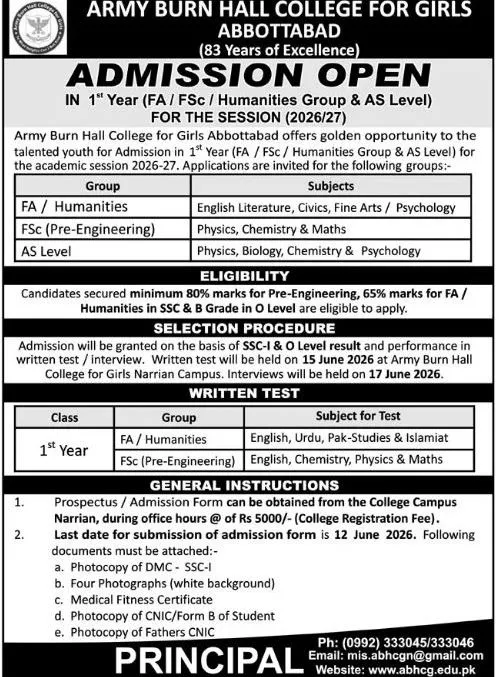 admission announcement of Army Burn Hall College For Girls