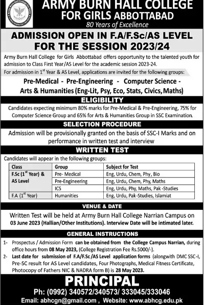 admission announcement of Army Burn Hall College For Girls