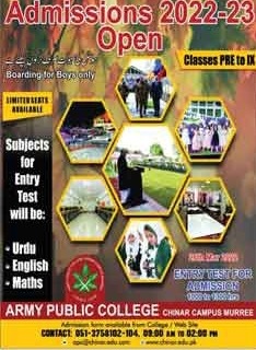 admission announcement of Army Public College, Chinar Campus