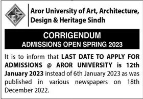 admission announcement of Aror University Of Art, Architecture, Design And Heritage 