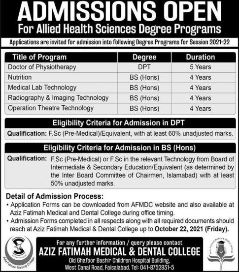 admission announcement of Aziz Fatimah Medical And Dental College