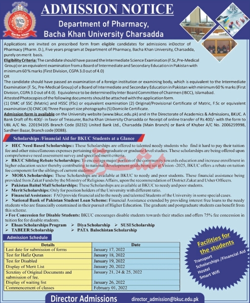 admission announcement of Bacha Khan University