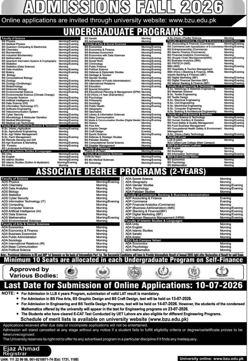 admission announcement of Bahauddin Zakariya University, Multan