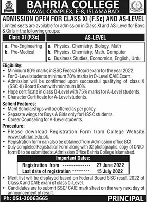 admission announcement of Bahria Model College