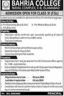 admission announcement of Bahria College, Zafar Campus