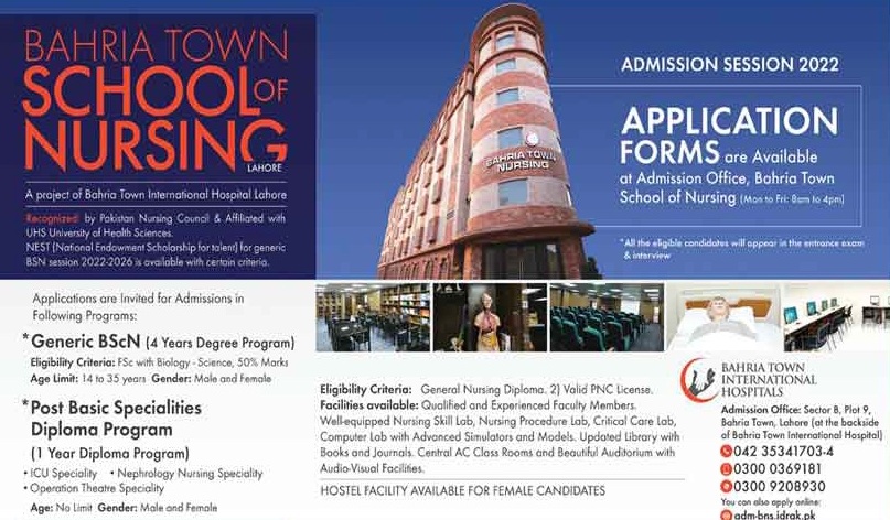 admission announcement of Bahria Town School Of Nursing