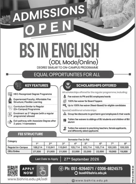 admission announcement of Bahria University, E-8 Campus