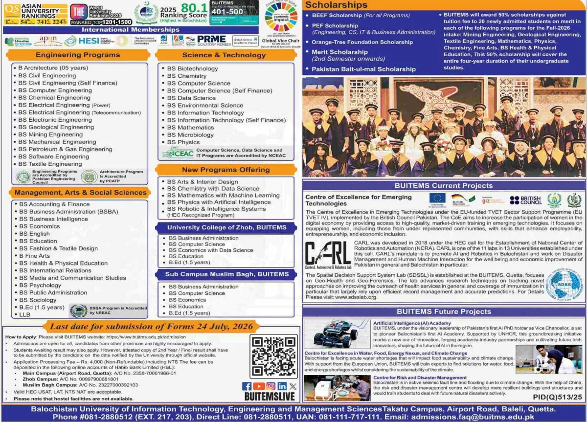 admission announcement of Balochistan University Of Information Technology, Engineering And Management Sciences, Muslim Bagh Campus