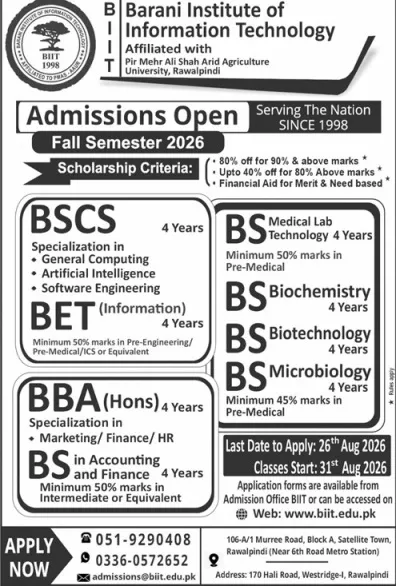 admission announcement of Barani Institute Of Information Technology