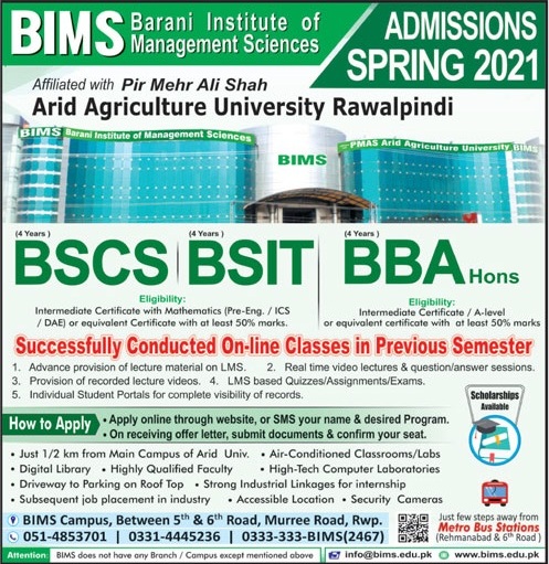 admission announcement of Barani Institute Of Management Sciences