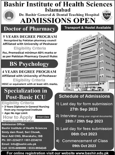 admission announcement of Bashir Institute Of Health Sciences