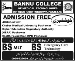 admission announcement of Bannu College Of Medical Technologies