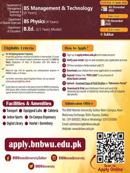 admission announcement of The Begum Nusrat Bhutto Women University