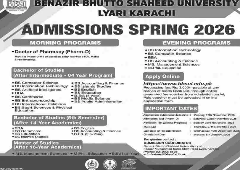 admission announcement of Benazir Bhutto Shaheed University, Lyari