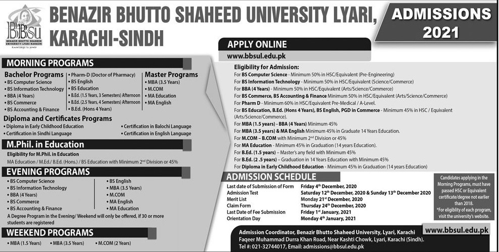 admission announcement of Benazir Bhutto Shaheed University, Lyari