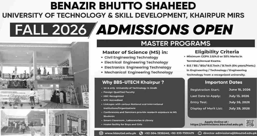 admission announcement of The Benazir Butto Shaheed University Of Technology & Skill Development