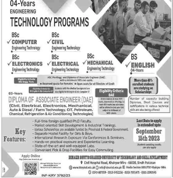 admission announcement of The Benazir Butto Shaheed University Of Technology & Skill Development