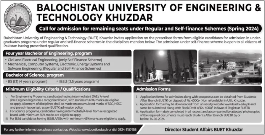 admission announcement of Balochistan University Of Engineering & Technology