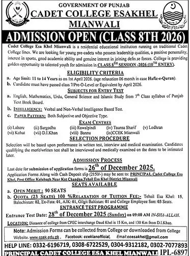 admission announcement of Cadet College, Isakhel