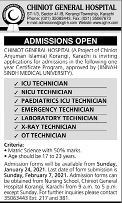 admission announcement of Chiniot General Hospital