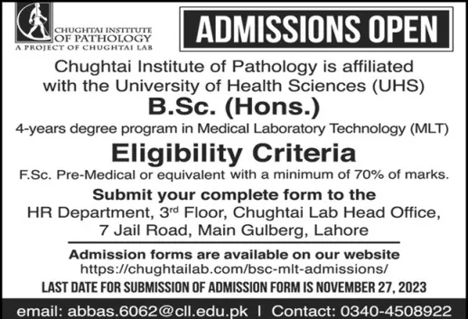 admission announcement of Chughtai Lab