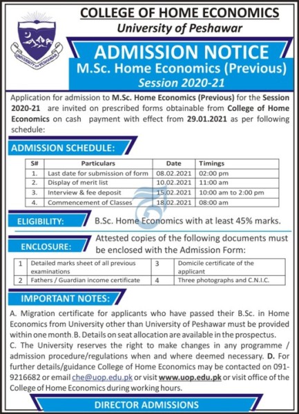 admission announcement of College Of Home Economics