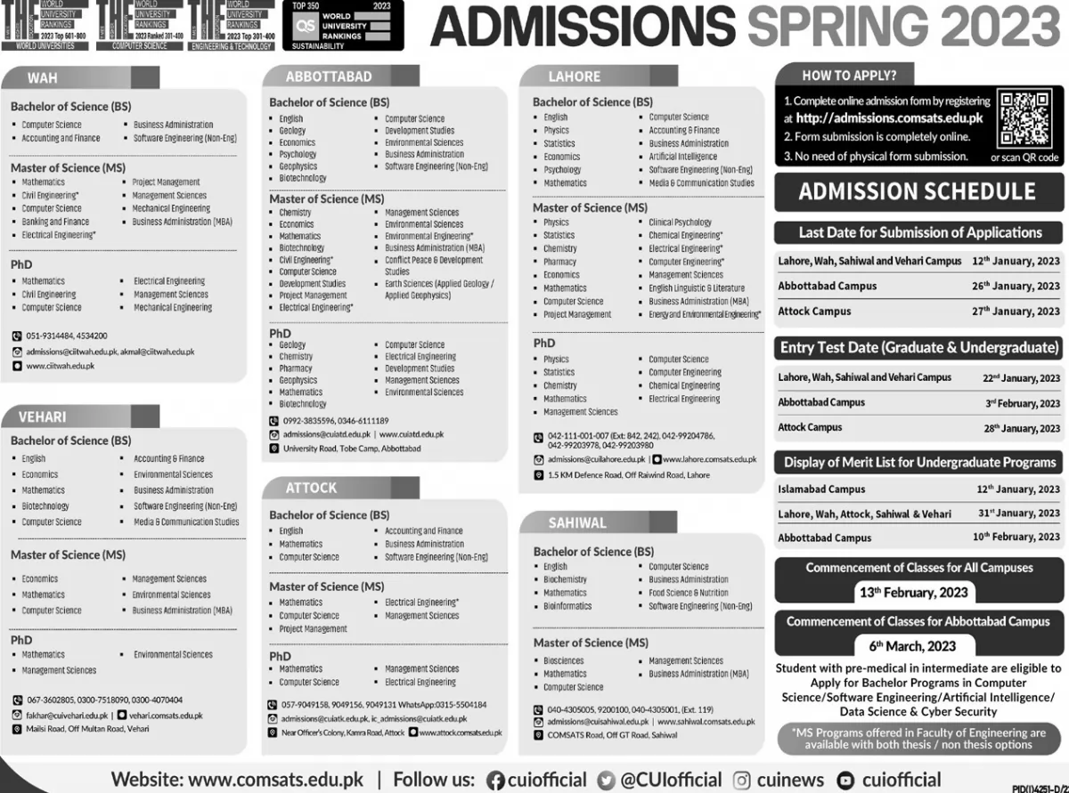 admission announcement of Comsats University Islamabad( Lahore Campus )