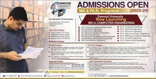 admission announcement of Dawood University Of Engineering And Technology