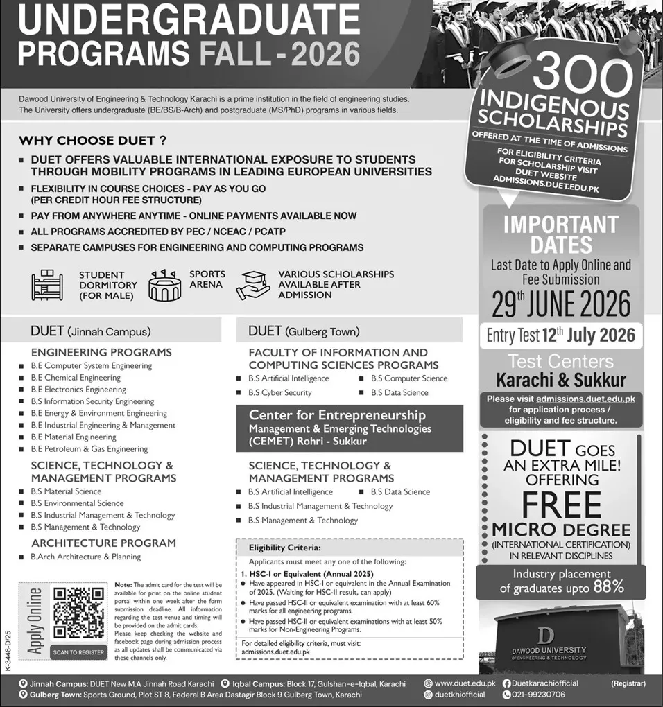 admission announcement of Dawood University Of Engineering And Technology