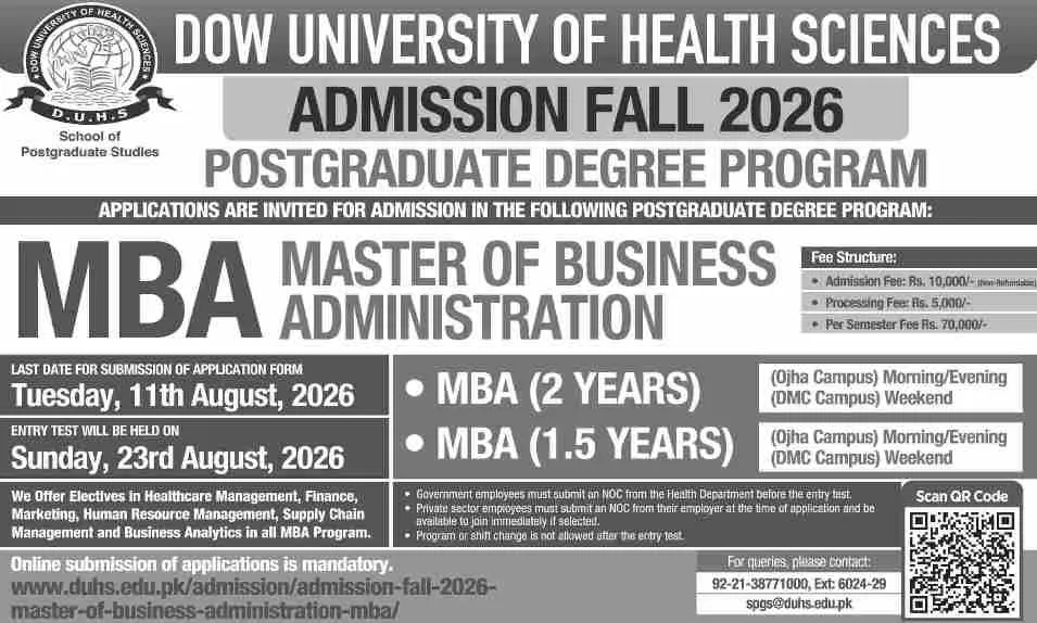 admission announcement of Dow University Of Health Sciences