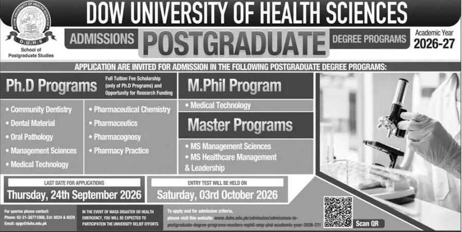 admission announcement of Dow University Of Health Sciences