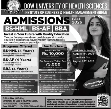 admission announcement of Dow University Of Health Sciences